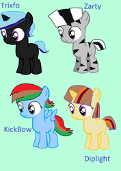 Size: 950x1340 | Tagged: safe, artist:sweetheart1012, imported from derpibooru, rainbow dash, trixie, twilight sparkle, zecora, oc, oc only, pegasus, pony, unicorn, zebra, crossover, crossover offspring, crossover ship offspring, diplight, gravity falls, green background, interspecies offspring, kick buttowski suburban daredevil, madagascar (dreamworks), mixels, offspring, parent:dipper pines, parent:kick buttowski, parent:magnifo, parent:marty, parent:rainbow dash, parent:trixie, parent:twilight sparkle, parent:zecora, parents:diplight, parents:kickbow, parents:trixfo, parents:zarty, simple background, the penguins of madagascar