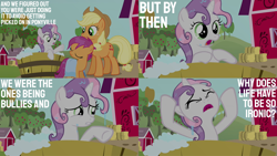 Size: 1986x1117 | Tagged: safe, edit, edited screencap, editor:quoterific, imported from derpibooru, screencap, applejack, scootaloo, sweetie belle, earth pony, pegasus, pony, unicorn, one bad apple, applejack's hat, bucket, cowboy hat, eyes closed, hat, hay, open mouth, towel, trio, wet, wet mane, worried