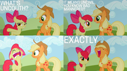 Size: 1986x1117 | Tagged: safe, edit, edited screencap, editor:quoterific, imported from derpibooru, screencap, apple bloom, applejack, earth pony, pony, sisterhooves social, applejack's hat, bow, burp, cowboy hat, duo, duo female, eyes closed, female, hat, open mouth, shocked