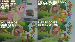 Size: 2000x1125 | Tagged: safe, edit, edited screencap, editor:quoterific, imported from derpibooru, screencap, carrot cake, cup cake, fluttershy, pumpkin cake, earth pony, pegasus, pony, baby cakes, baby, baby pony, female, fluttershy's cottage, implied angel bunny, male, open mouth, solo, teeth, walking, worried