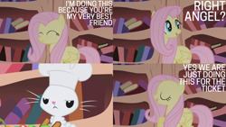 Size: 2000x1125 | Tagged: safe, edit, edited screencap, editor:quoterific, imported from derpibooru, screencap, angel bunny, fluttershy, pegasus, pony, rabbit, season 1, the ticket master, angel bunny is not amused, animal, chef, chef's hat, crossed arms, eyes closed, female, golden oaks library, hat, male, open mouth, unamused