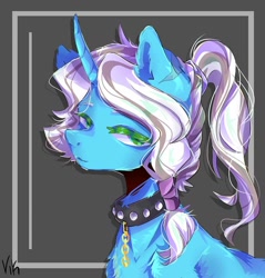 Size: 918x960 | Tagged: safe, artist:nekonii99, imported from derpibooru, oc, oc only, oc:drake mustang, pony, unicorn, blueoc, choker, fanart, green eyes, meteor cutiemark, myoc, no bases, not my style, palette, red cm, simple background, solo, white mane