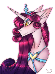 Size: 1024x1384 | Tagged: safe, artist:magnetjasdraw329, imported from derpibooru, princess amore, pony, unicorn, blushing, bust, crown, curly mane, eyelashes, female, horn, jewelry, long horn, long mane, portrait, regalia, signature, simple background, smiling, solo, transparent background, yellow eyes