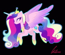 Size: 2048x1736 | Tagged: safe, artist:fernandasparklee, imported from derpibooru, princess cadance, alicorn, pony, black background, crown, curly mane, curly tail, eyelashes, female, hoof shoes, horn, jewelry, purple eyes, regalia, signature, simple background, smiling, solo, wings