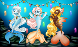 Size: 5000x3000 | Tagged: safe, artist:ashestoashkar, imported from derpibooru, oc, oc only, oc:golden caramel, oc:sweet tear, oc:toxic terror, hybrid, jellyfish, merpony, seapony (g4), starfish, celebration, colored pupils, commission, decoration, eyelashes, eyes closed, festival, fish tail, flowing mane, flowing tail, horn, long mane, open mouth, party, seaponified, seaquestria, seashell, shell, smiling, species swap, tail, underwater, water, wings