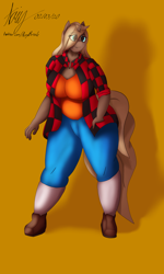 Size: 6000x10000 | Tagged: safe, artist:acrylicbristle, imported from derpibooru, oc, oc only, oc:runami, anthro, plantigrade anthro, unicorn, anthro oc, big breasts, breasts, busty oc, clothes, curvy, eye clipping through hair, female, flannel, long hair, pants, pinup, pose, shadow, shirt, shoes, simple background, socks, solo, thick, tight clothing, wide hips