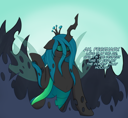 Size: 4000x3708 | Tagged: safe, artist:czu, imported from derpibooru, part of a set, queen chrysalis, changeling, changeling queen, abstract background, bipedal, changeling hive, dialogue, eyes closed, february, female, open mouth, playing with hair, raised hoof, smiling, solo, weight gain sequence