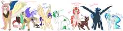 Size: 3000x768 | Tagged: safe, artist:arexstar, imported from derpibooru, oc, oc only, oc:chromatic indulgence, oc:cosmic rush, oc:emerald elegance, oc:fleur de chaos, oc:goober swirl, oc:lunar spectrum, oc:mellow flight, oc:strawberry cream surprise, draconequus, dracony, dragon, earth pony, hybrid, pony, colt, female, interspecies offspring, male, mare, offspring, parent:cheese sandwich, parent:discord, parent:flash sentry, parent:fluttershy, parent:pinkie pie, parent:rainbow dash, parent:rarity, parent:soarin', parent:spike, parent:twilight sparkle, parents:cheesepie, parents:discoshy, parents:flashlight, parents:soarindash, parents:sparity, stallion