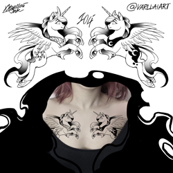 Size: 3000x3000 | Tagged: safe, artist:varllai, imported from derpibooru, princess celestia, princess luna, alicorn, pony, black and white, grayscale, monochrome, solo, tattoo, tattoo artist, tattoo concept, tattoo design