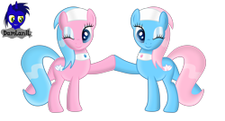 Size: 7680x4154 | Tagged: safe, artist:damlanil, imported from derpibooru, aloe, lotus blossom, earth pony, pony, duo, eyes closed, eyeshadow, female, hoofbump, makeup, mare, one eye closed, shiny mane, show accurate, siblings, simple background, sisters, spa pony, spa twins, transparent background, vector, wink