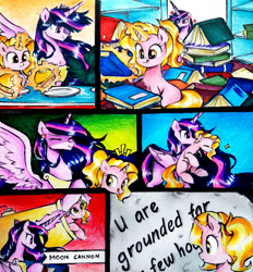 Size: 862x928 | Tagged: safe, artist:liaaqila, imported from derpibooru, luster dawn, twilight sparkle, alicorn, pony, unicorn, the last problem, annoyed, book, cannon, comic, cross-popping veins, cute, duo, duo female, emanata, eyes closed, female, glowing horn, grounded, helmet, holding a pony, horn, levitation, lusterbetes, magic, moon, mouth hold, pony cannonball, princess twilight 2.0, scruff, telekinesis, that pony sure does love books, that pony sure does love burgers, this will end in a trip to the moon, to the moon, traditional art, twilight burgkle, twilight sparkle (alicorn)