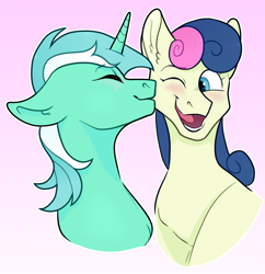 Size: 800x828 | Tagged: safe, artist:malphym, imported from derpibooru, bon bon, lyra heartstrings, sweetie drops, earth pony, pony, unicorn, blushing, cheek kiss, eyes closed, februpony, female, happy, kiss on the cheek, kissing, lesbian, lyrabon, mare, one eye closed, one eye open, open mouth, shipping