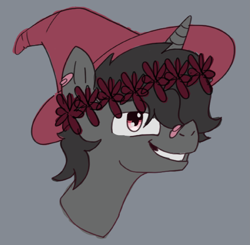 Size: 1665x1634 | Tagged: safe, artist:dark shadow, imported from derpibooru, oc, oc only, pony, unicorn, bandaid on nose, bust, floral head wreath, flower, hat, nose bandaid, simple background, smiling, smirk, solo