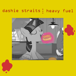 Size: 2000x2000 | Tagged: safe, artist:grapefruitface1, imported from derpibooru, twilight sparkle, alicorn, twilight time, burger, dire straits, eyes closed, food, grayscale, hay burger, ketchup, magic, magic aura, monochrome, ponified single cover, sauce, show accurate, single cover, solo focus, stains, twilight sparkle (alicorn)