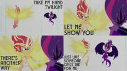 Size: 1986x1117 | Tagged: safe, edit, edited screencap, editor:quoterific, imported from derpibooru, screencap, sci-twi, sunset shimmer, twilight sparkle, human, equestria girls, friendship games, daydream shimmer, duo, duo female, female, midnight sparkle, open mouth