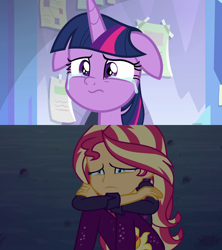 Size: 1920x2160 | Tagged: safe, edit, edited screencap, imported from derpibooru, screencap, sunset shimmer, twilight sparkle, alicorn, human, pony, equestria girls, equestria girls series, season 9, sunset's backstage pass!, the ending of the end, spoiler:eqg series (season 2), comparison, crying, crylight sparkle, music festival outfit, sad, scared, series finale blues, sunsad shimmer, tears of fear, teary eyes, twilight sparkle (alicorn)