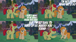 Size: 1986x1117 | Tagged: safe, edit, edited screencap, editor:quoterific, imported from derpibooru, screencap, bright mac, pear butter, earth pony, pony, the perfect pear, bright mac's hat, cowboy hat, duo, female, hat, male, marriage, open mouth, teeth
