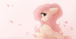 Size: 3000x1560 | Tagged: safe, artist:_whitenghost, artist:vird-gi, artist:whiteliar, imported from derpibooru, fluttershy, pegasus, pony, chest fluff, collaboration, crying, cute, female, floppy ears, flower petals, folded wings, hair tie, high res, looking at you, mare, open mouth, profile, raised hoof, sad, sadorable, shyabetes, side view, simple background, solo, teary eyes, wings