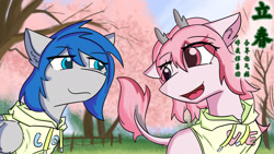 Size: 1920x1080 | Tagged: safe, artist:atreclus, imported from derpibooru, oc, oc:atreclus, oc:sarah, pony, 24 solar term, china, clothes, couples, hood, love, poem, spring, sweater
