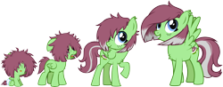 Size: 5744x2257 | Tagged: safe, artist:lightning stripe, derpibooru exclusive, imported from derpibooru, oc, oc only, oc:watermelon success, pegasus, pony, 3/4 view, :p, age progression, blue eyes, chest fluff, commission, covered eyes, cute, diaper, ear fluff, female, filly, floppy ears, foal, freckles, grin, hair over eyes, hair over one eye, mane over eyes, mare, messy mane, ocbetes, one hoof raised, open mouth, raised hoof, red mane, show accurate, simple background, sitting, smiling, solo, spread wings, teenager, three quarter view, tongue out, tooth gap, transparent background, two toned mane, two toned tail, vector, wings