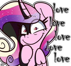 Size: 1490x1381 | Tagged: safe, artist:lou, imported from derpibooru, princess cadance, alicorn, pony, bust, female, insanity, looking at you, love, mare, princess yandance, smiling, solo, yandere