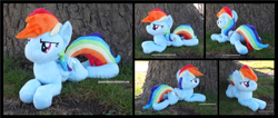 Size: 4118x1754 | Tagged: safe, artist:peruserofpieces, imported from derpibooru, rainbow dash, pegasus, pony, beanie (plushie), determined, female, irl, lying down, mare, photo, plushie, prone, smiling, sploot, tree, wings