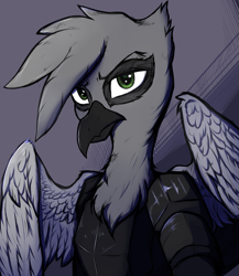 Size: 939x1080 | Tagged: safe, artist:tatykin, imported from derpibooru, oc, oc only, oc:gideon, griffon, armor, griffon oc, looking at you, male, simple background