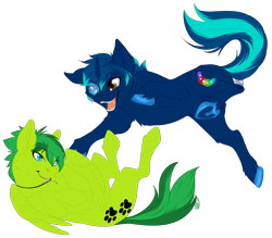 Size: 2265x1981 | Tagged: safe, artist:requiem♥, imported from derpibooru, oc, oc only, oc:aura skye, oc:evergreen feathersong, pegasus, pony, unicorn, blue eyes, blue fur, brown eyes, collar, commission, cutie mark, green fur, hooves, monocle, ych result
