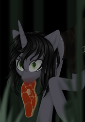 Size: 2100x3000 | Tagged: safe, artist:san_saniych, imported from derpibooru, pony, unicorn, commission, disguise, disguised siren, fangs, food, horn, jewelry, kellin quinn, male, meat, mouth hold, necklace, ponies eating meat, ponified, sleeping with sirens, slit eyes, slit pupils, solo, stallion, ych result