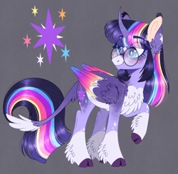 Size: 1254x1224 | Tagged: safe, artist:wanderingpegasus, imported from derpibooru, twilight sparkle, alicorn, pony, alternate design, alternate hairstyle, blushing, chest fluff, cloven hooves, coat markings, colored wings, curved horn, ear fluff, facial markings, female, freckles, glasses, gray background, horn, leg fluff, leonine tail, mare, markings, multicolored mane, multicolored tail, multicolored wings, pale belly, raised hoof, redesign, simple background, socks (coat markings), solo, star (coat marking), twilight sparkle (alicorn), unshorn fetlocks, wings