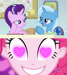 Size: 852x955 | Tagged: safe, edit, edited screencap, imported from derpibooru, screencap, pinkie pie, starlight glimmer, trixie, a horse shoe-in, coinky-dink world, eqg summertime shorts, equestria girls, female, heart eyes, lesbian, meme, pinkie's eyes, shipping, startrix, wingding eyes