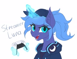 Size: 2616x2006 | Tagged: safe, artist:strafe blitz, imported from derpibooru, princess luna, alicorn, pony, gamer luna, alternate hairstyle, cap, clothes, console, controller, ear fluff, female, glowing horn, hat, headphones, horn, magic, mare, open mouth, playstation 5, s1 luna, simple background, slim, telekinesis, white background