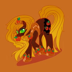 Size: 1080x1080 | Tagged: safe, artist:mediocre.mare, artist:mediocremare, imported from derpibooru, applejack, earth pony, pony, apple, female, food, hoof shoes, mare, mouth hold, nightmare applejack, nightmarified, orange background, peytral, raised hoof, simple background, solo