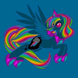 Size: 1080x1080 | Tagged: safe, artist:mediocre.mare, artist:mediocremare, imported from derpibooru, rainbow dash, pegasus, pony, blue background, female, flying, hoof shoes, jewelry, looking back, mare, nightmare rainbow dash, nightmarified, peytral, simple background, solo, tiara, wings