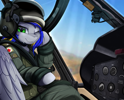 Size: 2494x2016 | Tagged: safe, artist:pridark, imported from derpibooru, oc, oc only, oc:eagle fly, pegasus, pony, clothes, commission, cute, female, flight suit, helicopter, helmet, high res, looking at you, mare, military uniform, one eye closed, pilot, solo, uh-1 iroquois, uniform, wings, wink