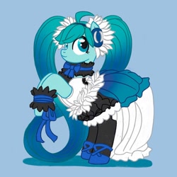 Size: 1080x1080 | Tagged: safe, artist:mediocre.mare, artist:mediocremare, imported from derpibooru, earth pony, pony, blue background, clothes, cuffs (clothes), eyelashes, female, hatsune miku, headphones, mare, pigtails, ponified, rearing, simple background, skirt, solo, vocaloid
