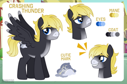 Size: 1200x798 | Tagged: safe, artist:jennieoo, imported from derpibooru, oc, oc only, oc:crashing thunder, pegasus, pony, cutie mark, happy, reference, reference sheet, show accurate, smiling, solo, vector