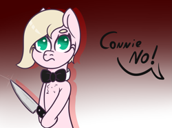 Size: 1189x891 | Tagged: safe, artist:lazerblues, imported from derpibooru, oc, oc:connie amore, earth pony, pony, bowtie, knife