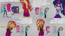 Size: 1986x1117 | Tagged: safe, edit, edited screencap, editor:quoterific, imported from derpibooru, screencap, applejack, fluttershy, pinkie pie, rainbow dash, sci-twi, sunset shimmer, twilight sparkle, human, equestria girls, equestria girls series, rollercoaster of friendship, angry, applejack's hat, clothes, cowboy hat, drama, exploitable meme, female, geode of empathy, geode of fauna, geode of sugar bombs, geode of super speed, geode of super strength, geode of telekinesis, glasses, hat, holidays unwrapped drama, magical geodes, meme, milady record, open mouth, rage face, rageset shimmer