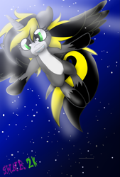 Size: 2013x2979 | Tagged: safe, artist:juliet-gwolf18, imported from derpibooru, oc, oc only, oc:juliet, alicorn, pony, alicorn oc, eyelashes, female, flying, hoof shoes, horn, mare, night, smiling, solo, stars, wings