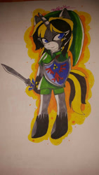 Size: 747x1328 | Tagged: safe, artist:juliet-gwolf18, imported from derpibooru, oc, oc only, anthro, unguligrade anthro, unicorn, clothes, cosplay, costume, female, hat, hoof shoes, horn, link, shield, solo, sword, the legend of zelda, traditional art, unicorn oc, weapon