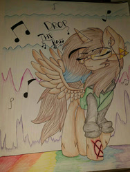 Size: 960x1280 | Tagged: safe, artist:juliet-gwolf18, imported from derpibooru, oc, oc only, oc:sketchy, alicorn, pony, alicorn oc, clothes, earbuds, electrocardiogram, eyes closed, horn, music notes, solo, traditional art, wings