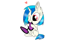 Size: 1930x1080 | Tagged: safe, artist:emalajiss36, imported from derpibooru, dj pon-3, vinyl scratch, pony, unicorn, cute, ear fluff, eyelashes, female, filly, heart, horn, nom, one eye closed, simple background, sitting, solo, sunglasses, vinylbetes, white background, wink