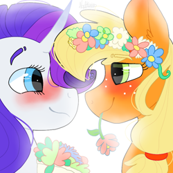 Size: 768x768 | Tagged: safe, artist:valkiria, imported from derpibooru, applejack, rarity, earth pony, pony, unicorn, blushing, cute, duo, eye contact, female, floral head wreath, flower, horn, jackabetes, lesbian, looking at each other, mouth hold, raribetes, rarijack, shipping, smiling