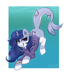 Size: 1067x1202 | Tagged: safe, artist:confetticakez, imported from derpibooru, oc, oc only, oc:sparkling whitefin, original species, pony, shark, shark pony, clothes, grin, hoodie, looking at you, sharp teeth, smiling, solo, swimming, teeth, underwater