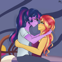 Size: 1080x1074 | Tagged: safe, artist:_denart, artist:rapunzelights, imported from derpibooru, sci-twi, sunset shimmer, twilight sparkle, equestria girls, blushing, clothes, duo, duo female, female, hug, lesbian, looking at each other, scitwishimmer, shipping, signature, smiling, sunsetsparkle