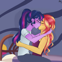 Size: 1080x1074 | Tagged: safe, artist:_denart, artist:rapunzelights, imported from derpibooru, sci-twi, sunset shimmer, twilight sparkle, equestria girls, blushing, clothes, duo, duo female, eyes closed, female, glasses, hug, kissing, lesbian, scitwishimmer, shipping, signature, sunsetsparkle