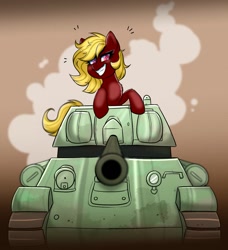 Size: 1351x1482 | Tagged: safe, artist:confetticakez, imported from derpibooru, oc, oc only, oc:cherry star, oc:cherry star (critical), earth pony, pony, grin, looking at you, smiling, solo, t-34, tank (vehicle)