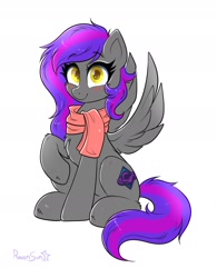 Size: 1408x1803 | Tagged: safe, artist:confetticakez, imported from derpibooru, oc, oc only, pegasus, pony, blushing, chest fluff, clothes, looking at you, scarf, smiling, solo, spread wings, wings