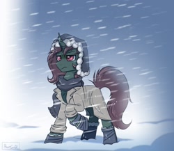 Size: 1727x1497 | Tagged: safe, artist:confetticakez, imported from derpibooru, oc, oc only, oc:aero glade, oc:armored blade, pony, unicorn, boots, clothes, coat, curved horn, horn, scarf, shoes, snow, snowfall, solo, unamused